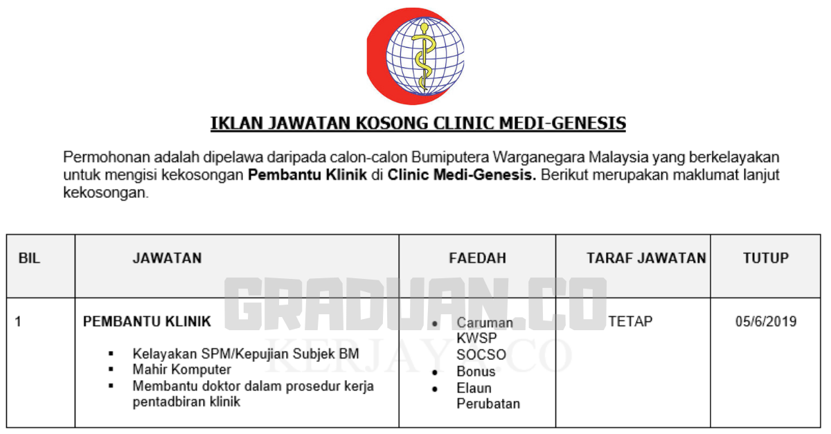 Permohonan Jawatan Kosong Terkini Clinic Medi-Genesis