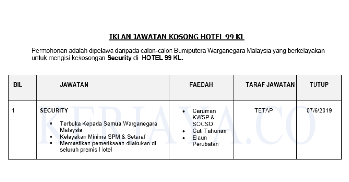 Permohonan Jawatan Kosong Terkini Hotel 99