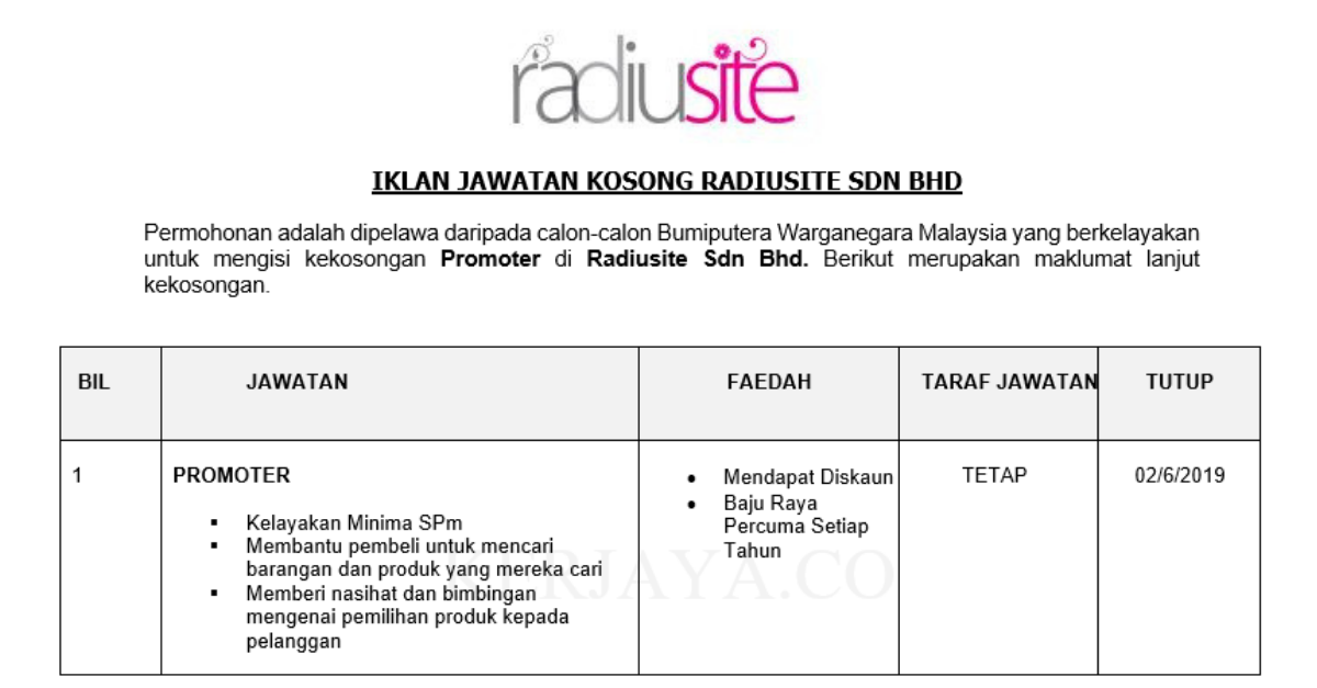 Permohonan Jawatan Kosong Terkini Radiusite