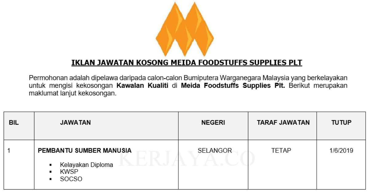 Permohonan Jawatan Kosong Terkini Meida Foodstuffs Supplies Plt