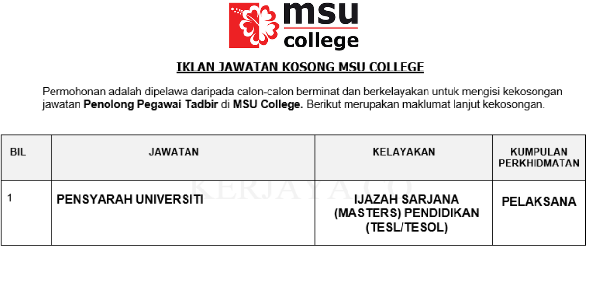 Permohonan Jawatan Kosong Terkini MSU COLLEGE