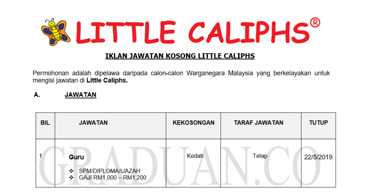 Permohonan Jawatan Kosong Terkini Little Caliphs _ Guru