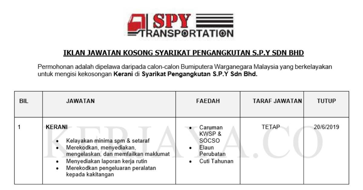 Permohonan Jawatan Kosong Terkini Syarikat Pengangkutan S.P.Y.