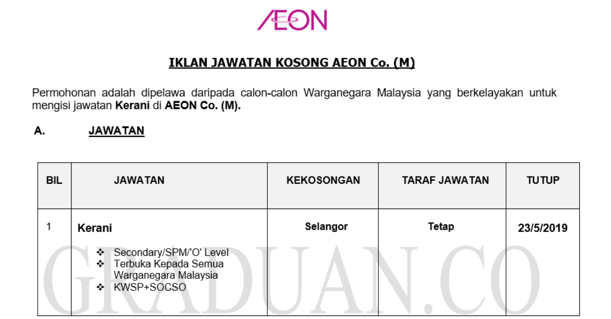 Permohonan Jawatan Kosong Terkini AEON Co. (M) _ Kerani
