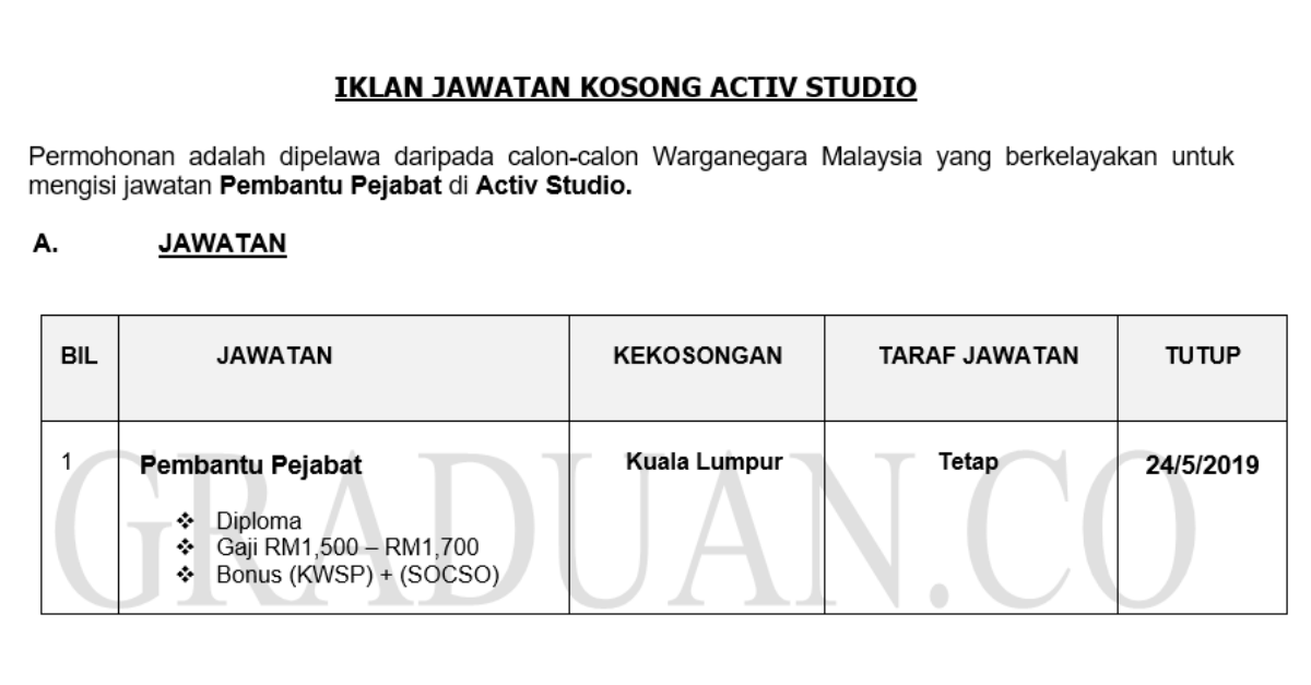Permohonan Jawatan Kosong Terkini Activ Studio _ Pembantu Pejabat