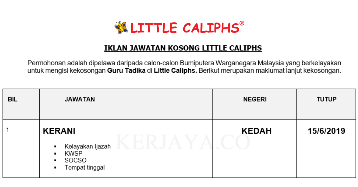 Permohonan Jawatan Kosong Terkini Little Caliphs _ Guru Tadika