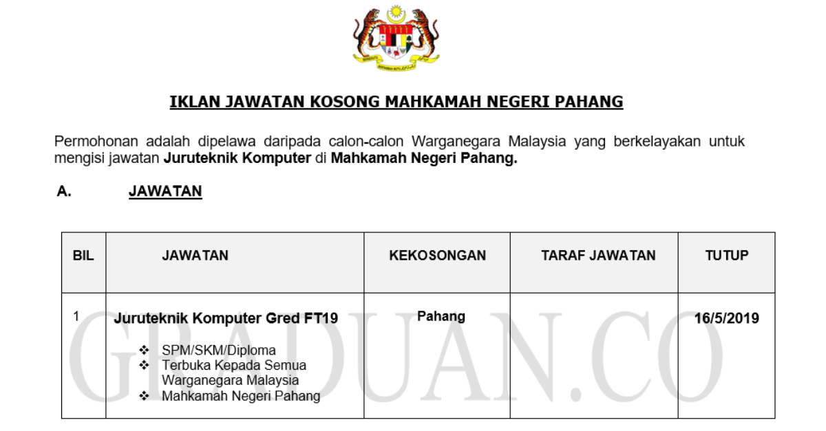 Permohonan Jawatan Kosong Terkini Mahkamah Negeri Pahang (MN))