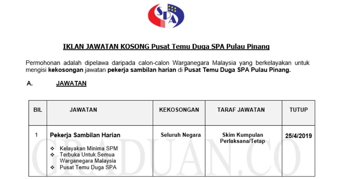 Permohonan Jawatan Kosong Terkini Pusat Temu Duga SPA Pulau Pinang
