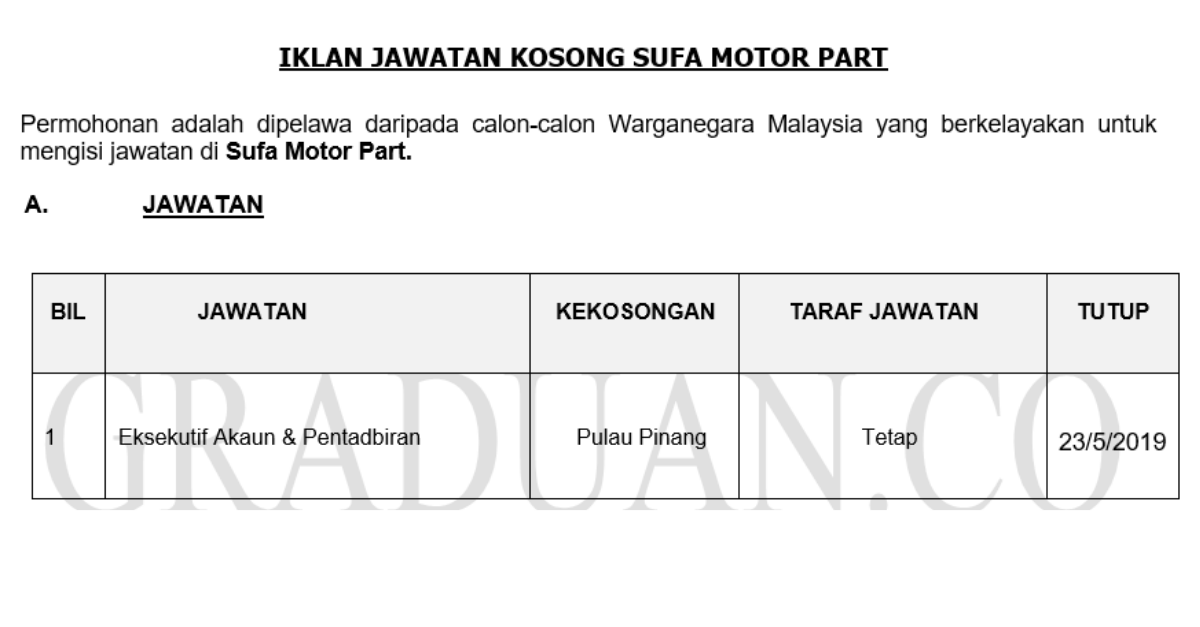 Permohonan Jawatan Kosong Terkini Sufa Motor Part _ Eksekutif Akaun & Pentadbiran