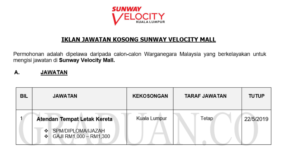 Permohonan Jawatan Kosong Terkini Sunway Velocity Mall _ Atendan Tempat Letak Kereta