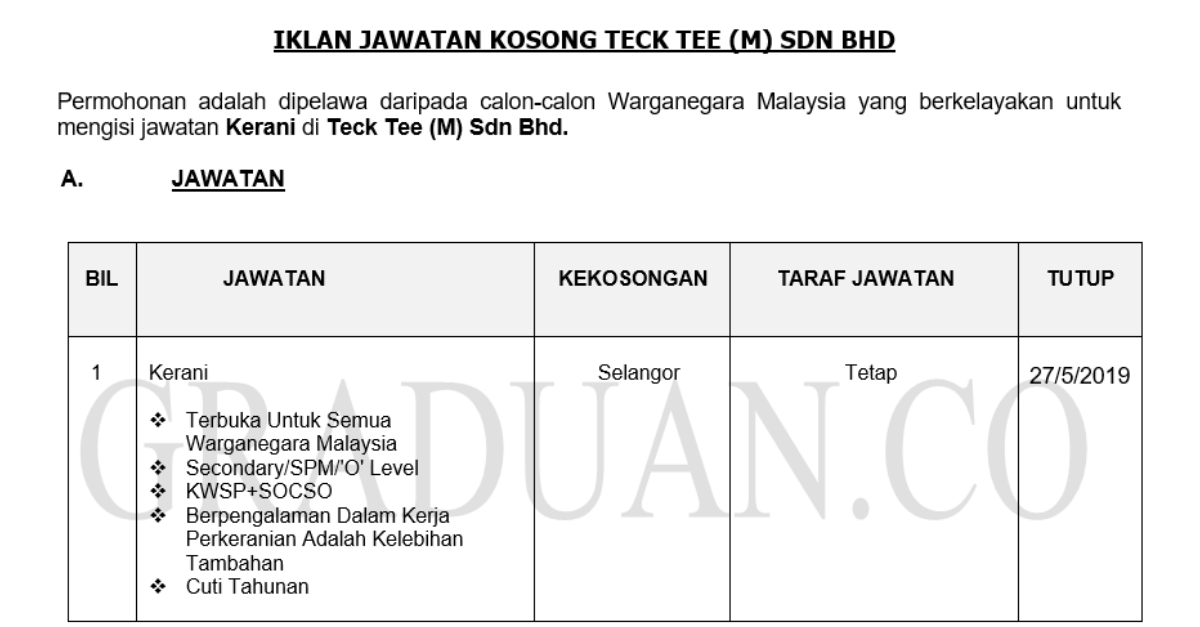 Teck Tee (M) Sdn Bhd ~ Kerani