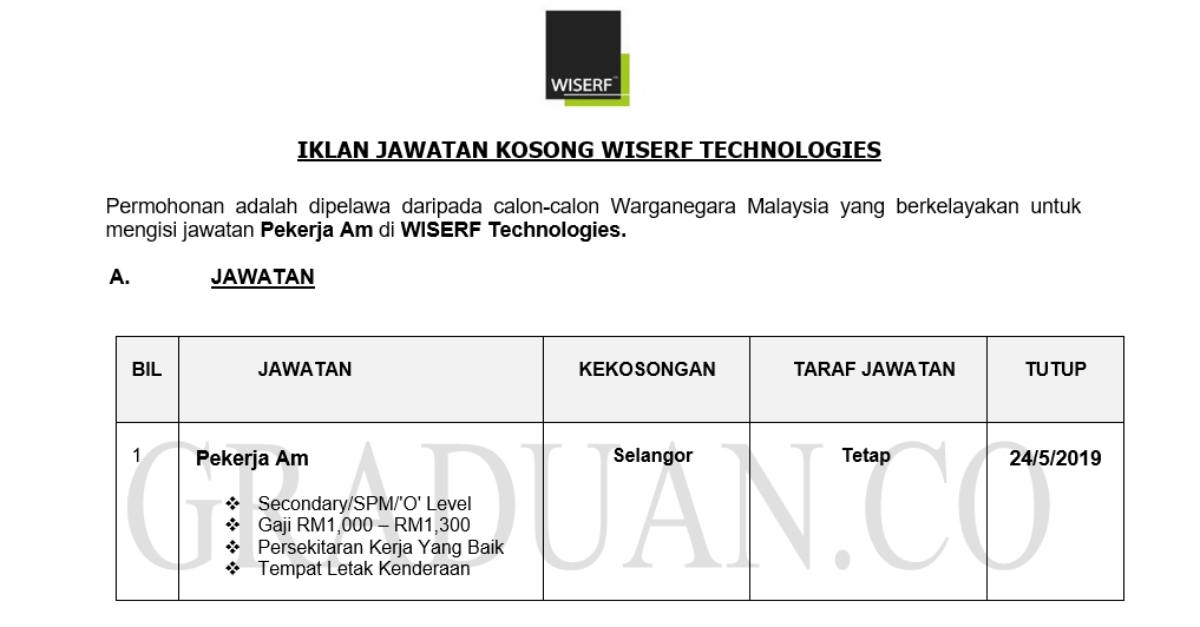 Permohonan Jawatan Kosong Terkini WISERF Technologies _ Pekerja Am