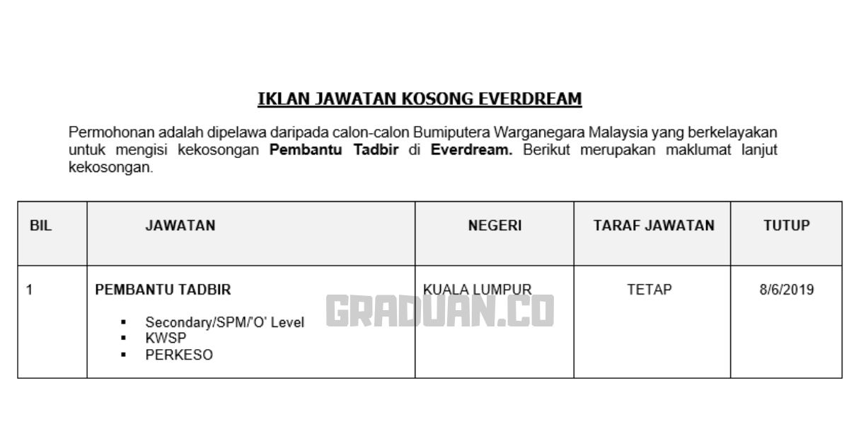 _Jawatan Kosong Everdream _ Pembantu Tadbir