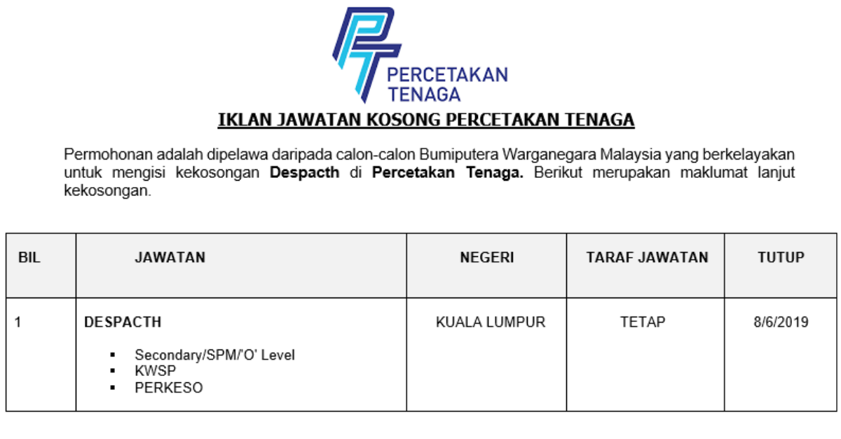 Jawatan Kosong Percetakan Tenaga _ Despacth