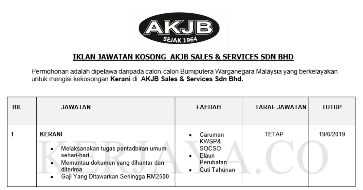 Permohonan Jawatan Kosong Terkini AKJB Sales & Services