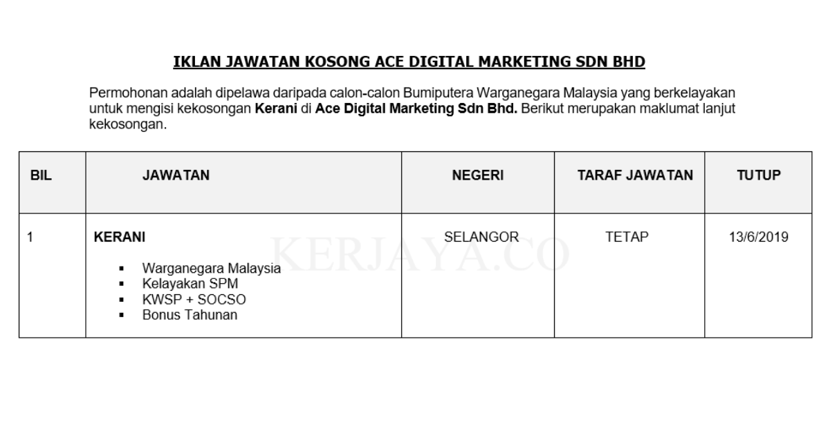 Permohonan Jawatan Kosong Terkini Ace Digital Marketing _ Kerani