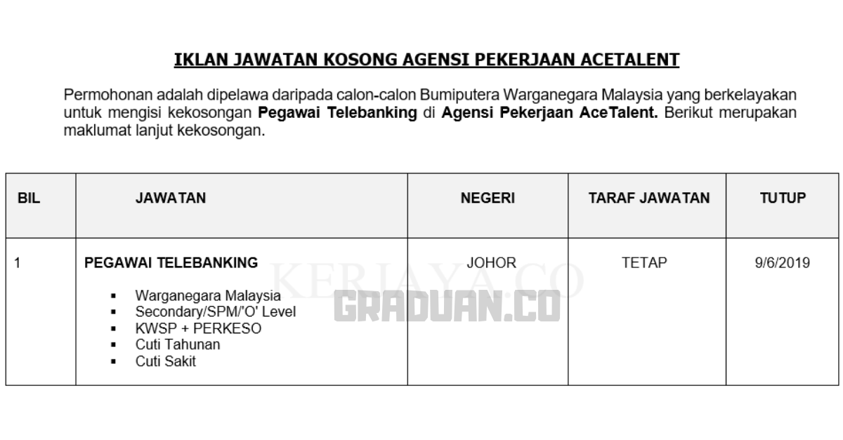 Permohonan Jawatan Kosong Terkini Agensi Pekerjaan AceTalent _ Pegawai Telebanking