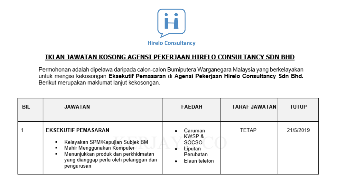Permohonan Jawatan Kosong Terkini Agensi Pekerjaan Hirelo Consultancy