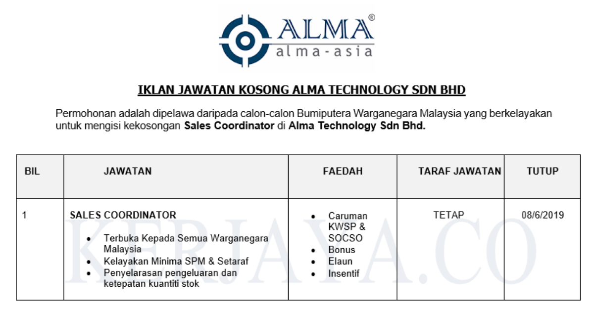 Permohonan Jawatan Kosong Terkini Alma Technology