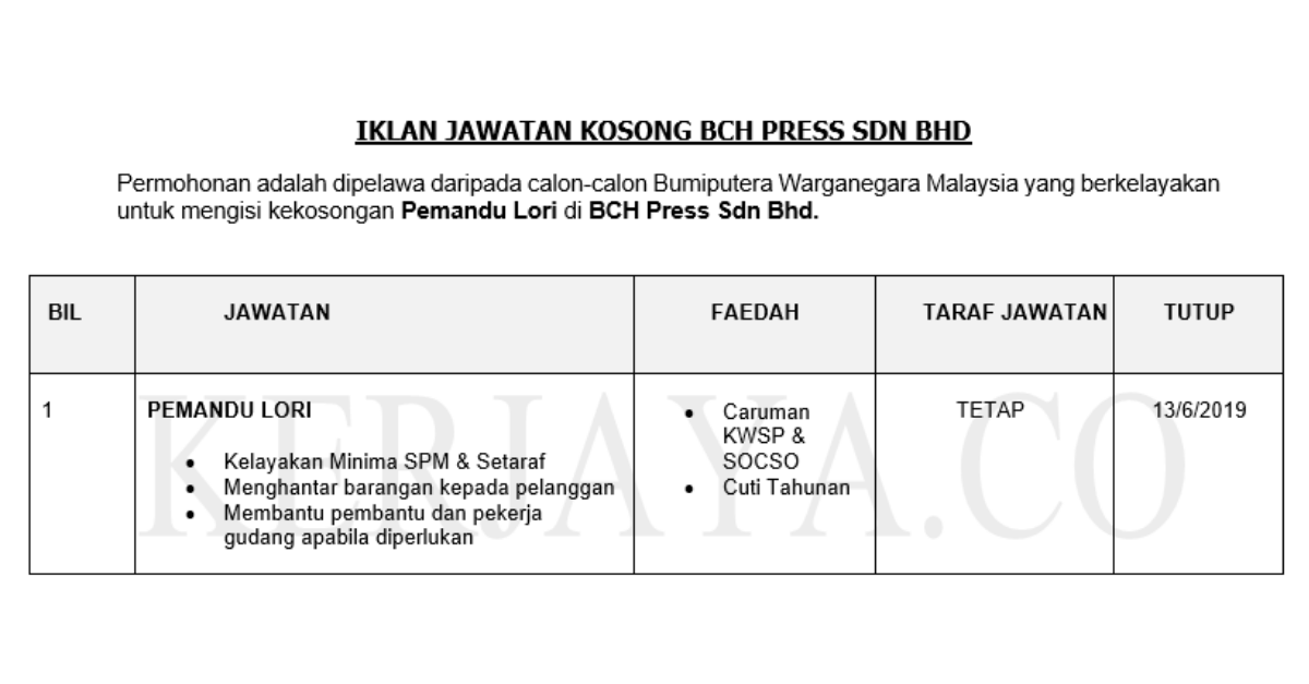 Permohonan Jawatan Kosong Terkini BCH Press