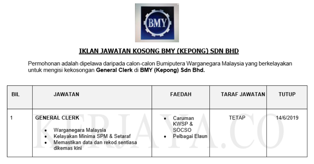 Permohonan Jawatan Kosong Terkini BMY (Kepong) Sdn Bhd