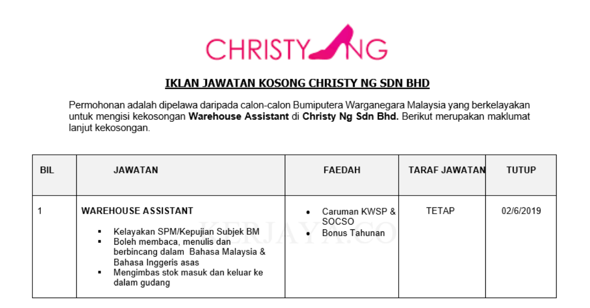Permohonan Jawatan Kosong Terkini Christy Ng