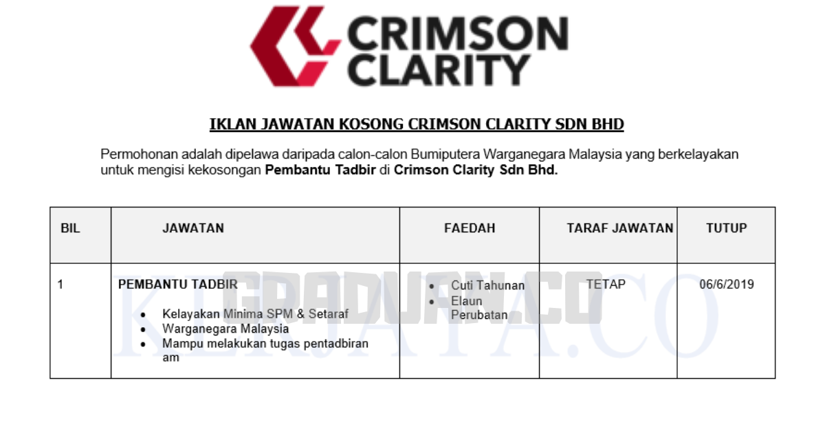 _Permohonan Jawatan Kosong Terkini Crimson Clarity _ Pembantu Tadbir