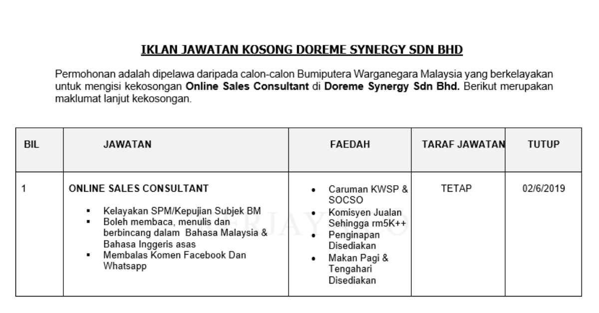 Permohonan Jawatan Kosong Terkini Doreme Synergy