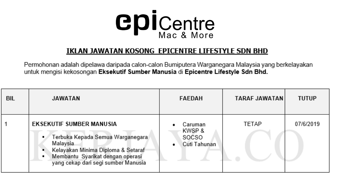 Permohonan Jawatan Kosong Terkini Epicentre Lifestyle _ Eksekutif Sumber Manusia