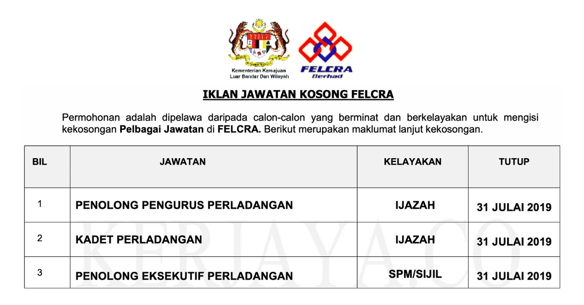 Permohonan Jawatan Kosong Terkini FELCRA