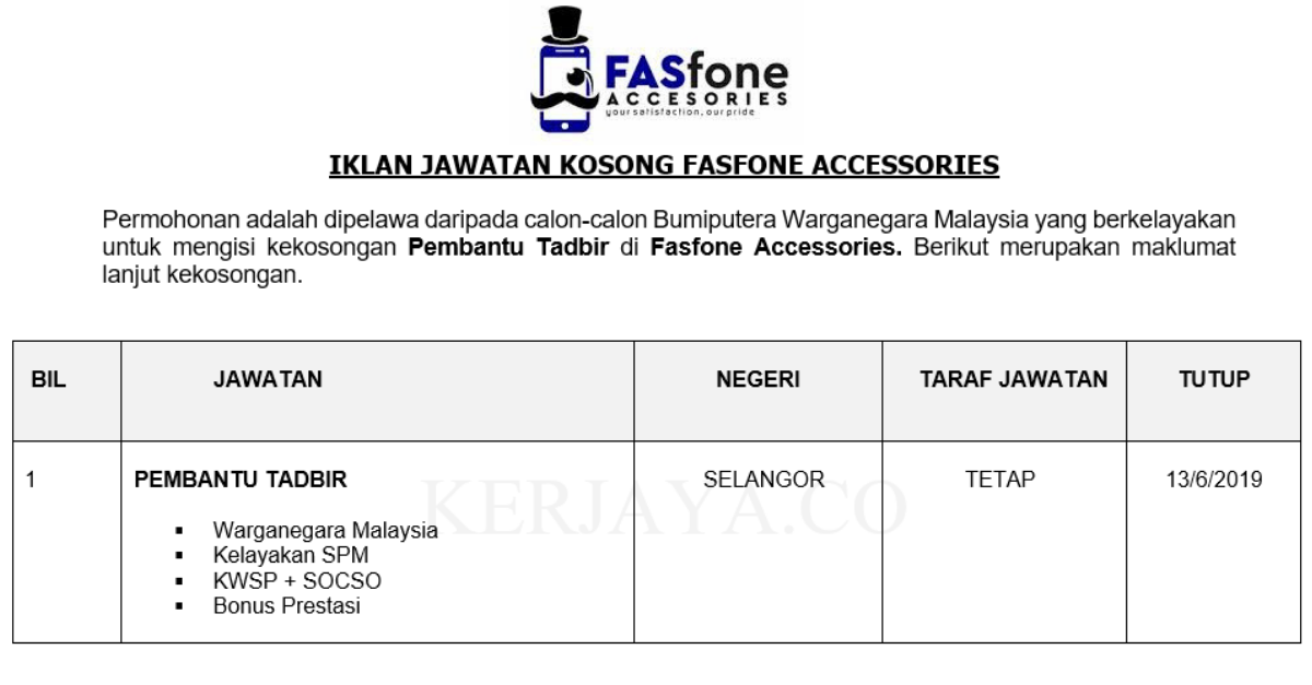Permohonan Jawatan Kosong Terkini Fasfone Accessories _ Pembantu Tadbir