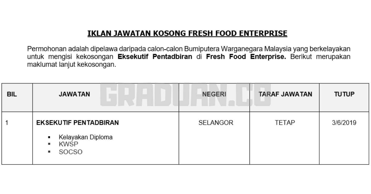 _Permohonan Jawatan Kosong Terkini Fresh Food Enterprise _ Eksekutif Pentadbiran