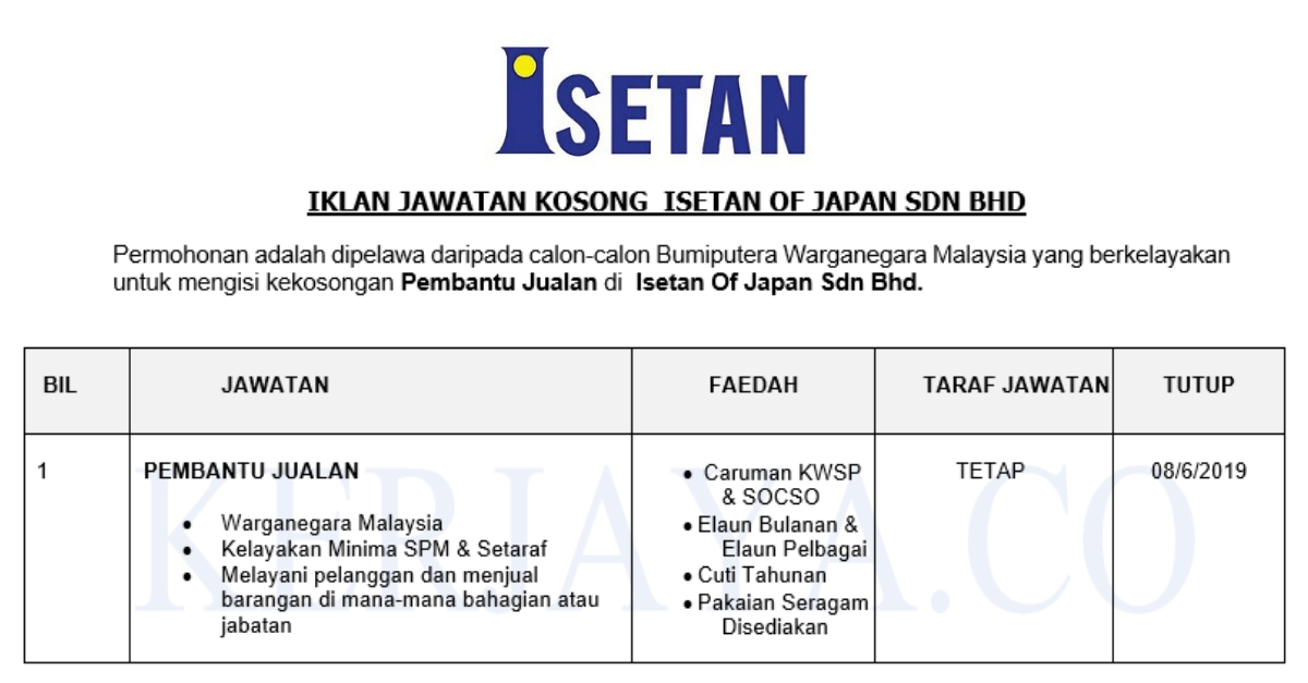 Permohonan Jawatan Kosong Terkini Isetan Of Japan