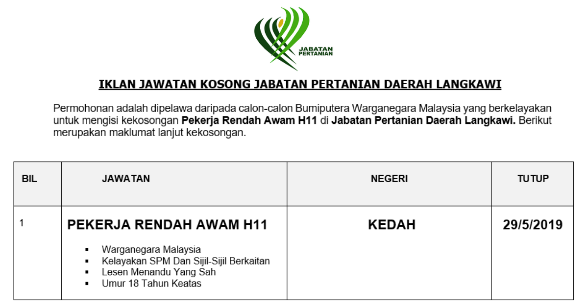 Permohonan Jawatan Kosong Terkini Jabatan Pertanian Daerah Langkawi
