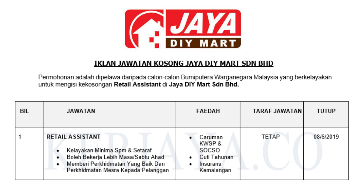Permohonan Jawatan Kosong Terkini Jaya DIY Mart