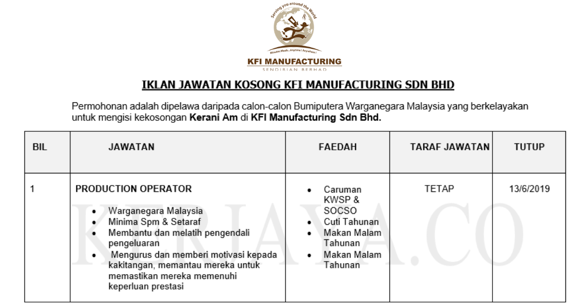 Permohonan Jawatan Kosong Terkini KFI Manufacturing