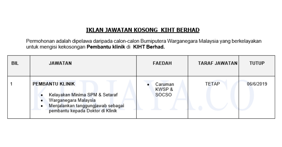 Permohonan Jawatan Kosong Terkini KIHT Berhad