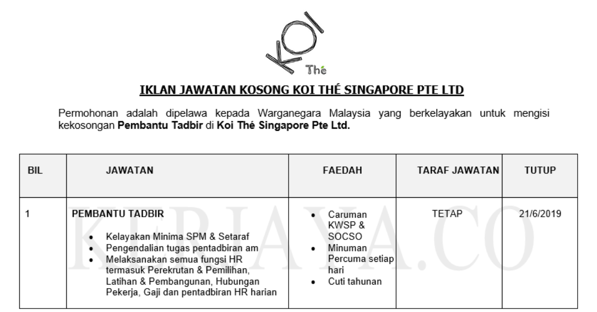 Permohonan Jawatan Kosong Terkini Koi Thé Singapore Pte Ltd