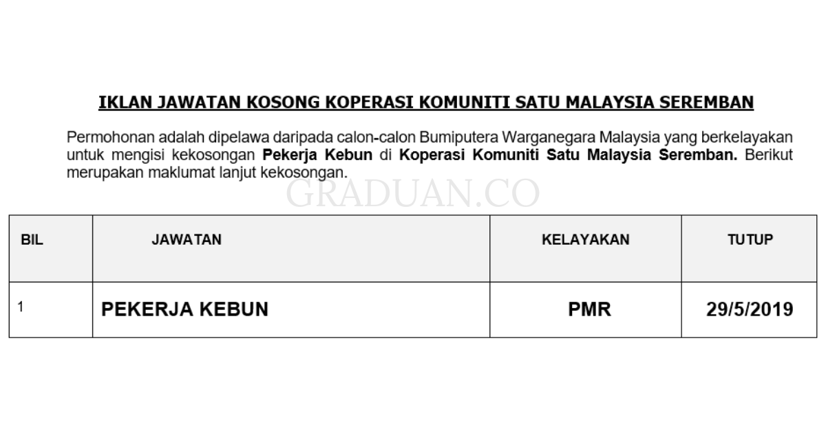 Permohonan Jawatan Kosong Terkini Koperasi Komuniti Satu Malaysia Seremban