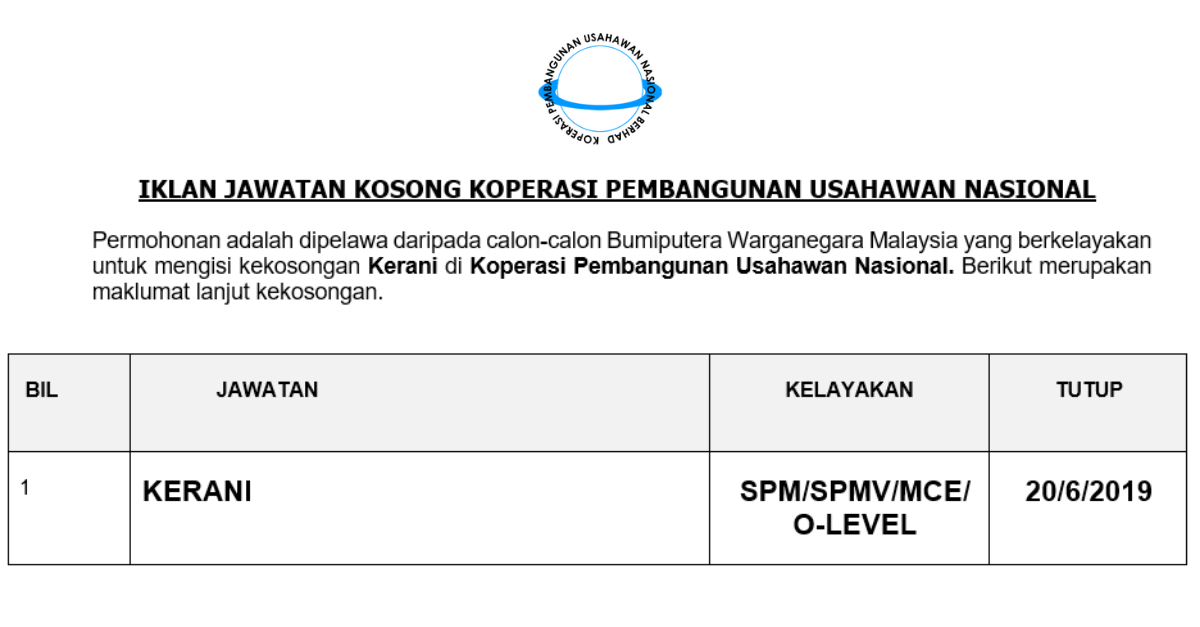 Permohonan Jawatan Kosong Terkini Koperasi Pembangunan Usahawan Nasional