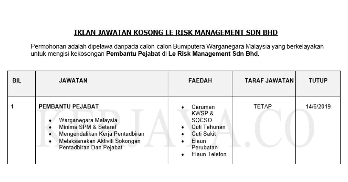 Permohonan Jawatan Kosong Terkini Le Risk Management