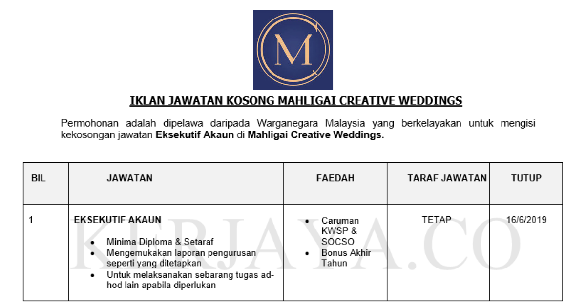 Permohonan Jawatan Kosong Terkini Mahligai Creative Weddings