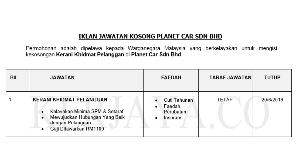Permohonan Jawatan Kosong Terkini Planet Car Sdn Bhd
