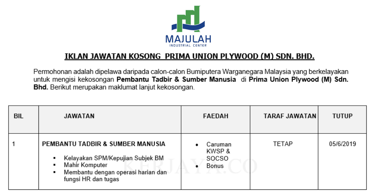Permohonan Jawatan Kosong Terkini Prima Union Plywood (M)