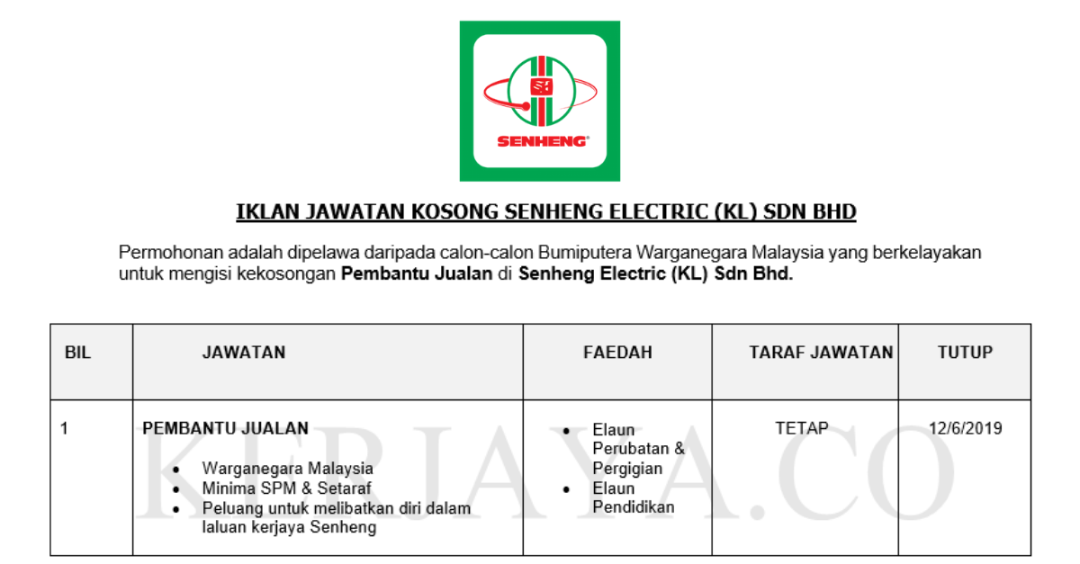 Permohonan Jawatan Kosong Terkini Senheng Electric (KL)