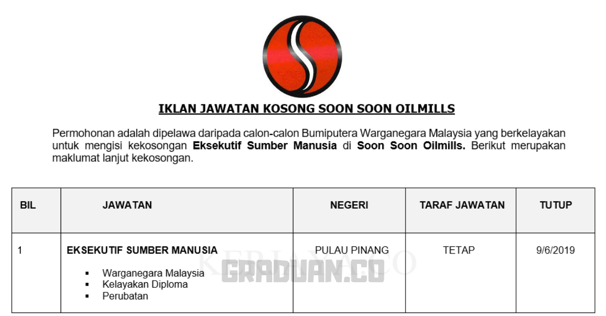 _Permohonan Jawatan Kosong Terkini Soon Soon Oilmills _ Eksekutif Sumber Manusia