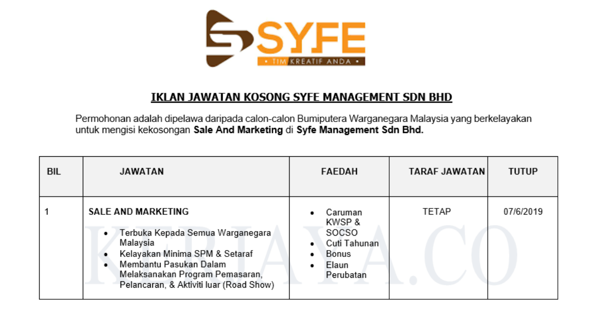 Permohonan Jawatan Kosong Terkini Syfe Management