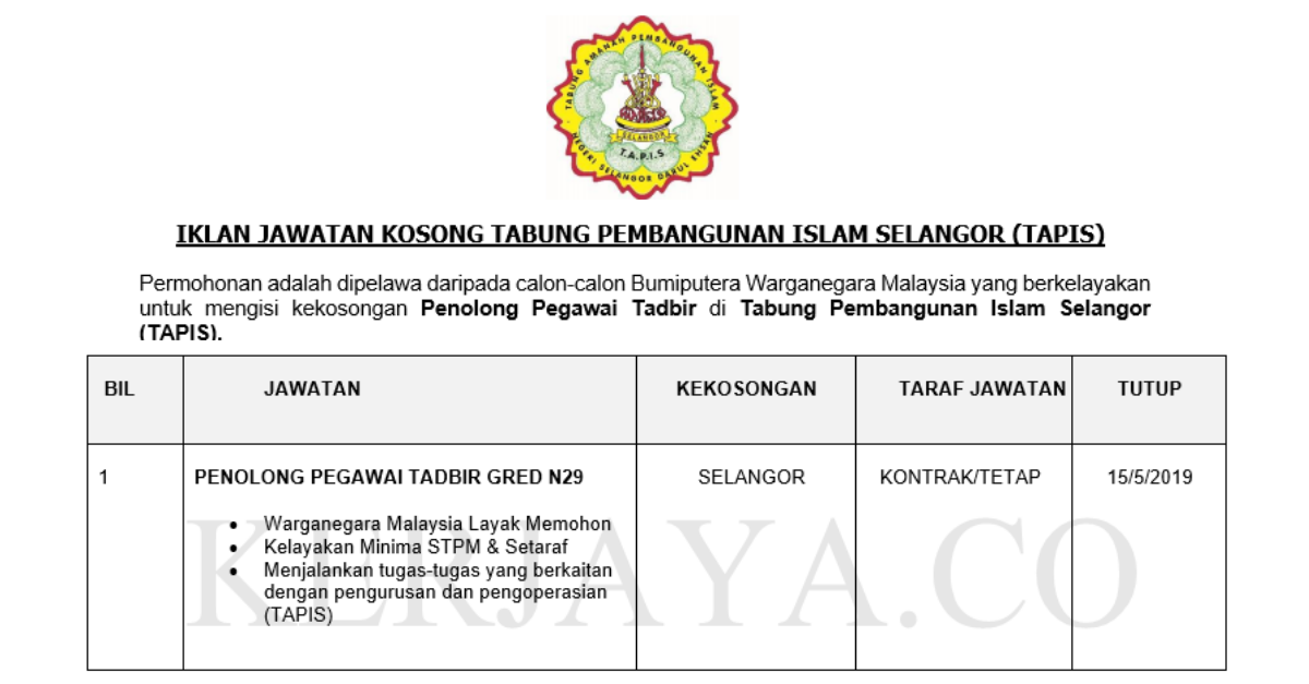 Permohonan Jawatan Kosong Terkini Tabung Pembangunan Islam Selangor (TAPIS)