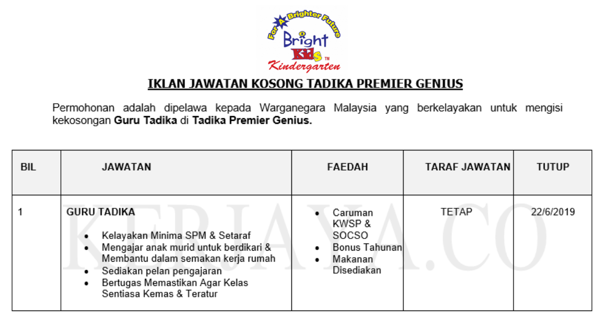 Permohonan Jawatan Kosong Terkini Tadika Premier Genius