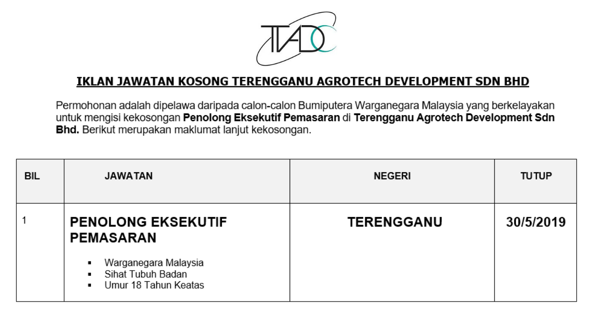 Permohonan Jawatan Kosong Terkini Terengganu Agrotech Development Sdn Bhd